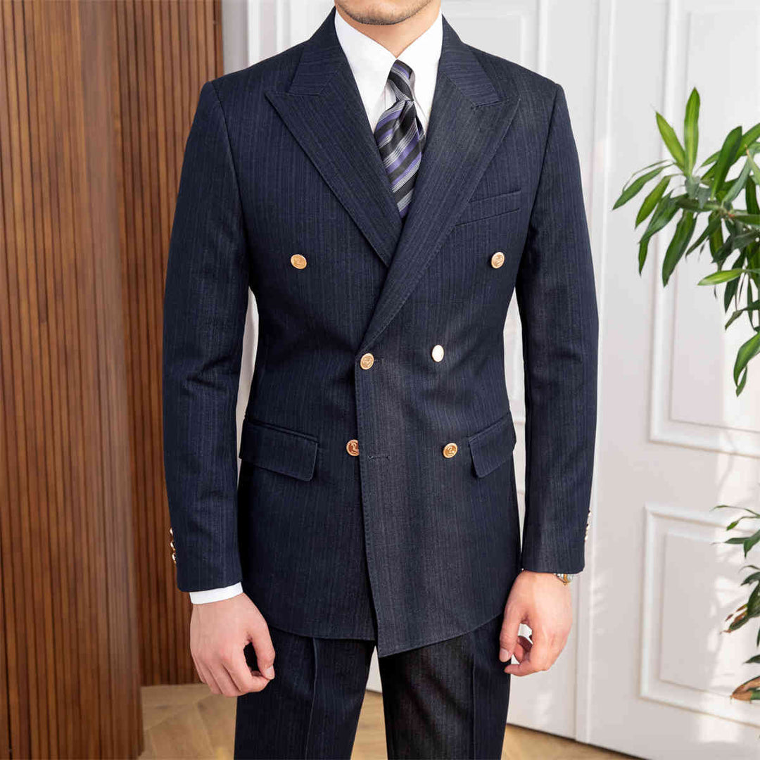 Men's navy blue slim fit double-breasted suit, ideal for formal business, wedding, or sharp tailored fashion.