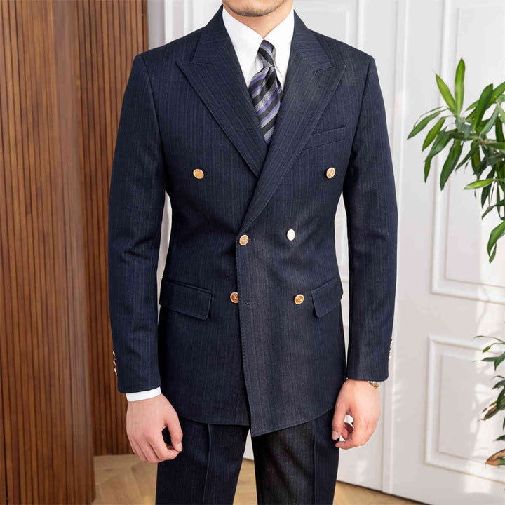 Men's navy blue slim fit double-breasted suit, ideal for formal business, wedding, or sharp tailored fashion.