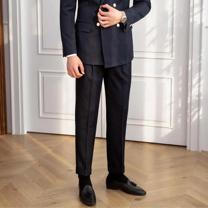 Sharp men's navy slim fit double-breasted 2-piece suit, perfect for business meetings, weddings, or formal events.
