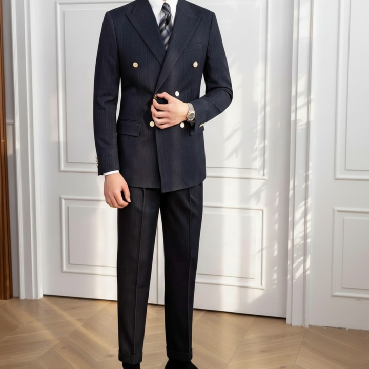 Tailored navy blue double-breasted suit for men, slim fit, great for autumn/winter formal wear & special occasions.
