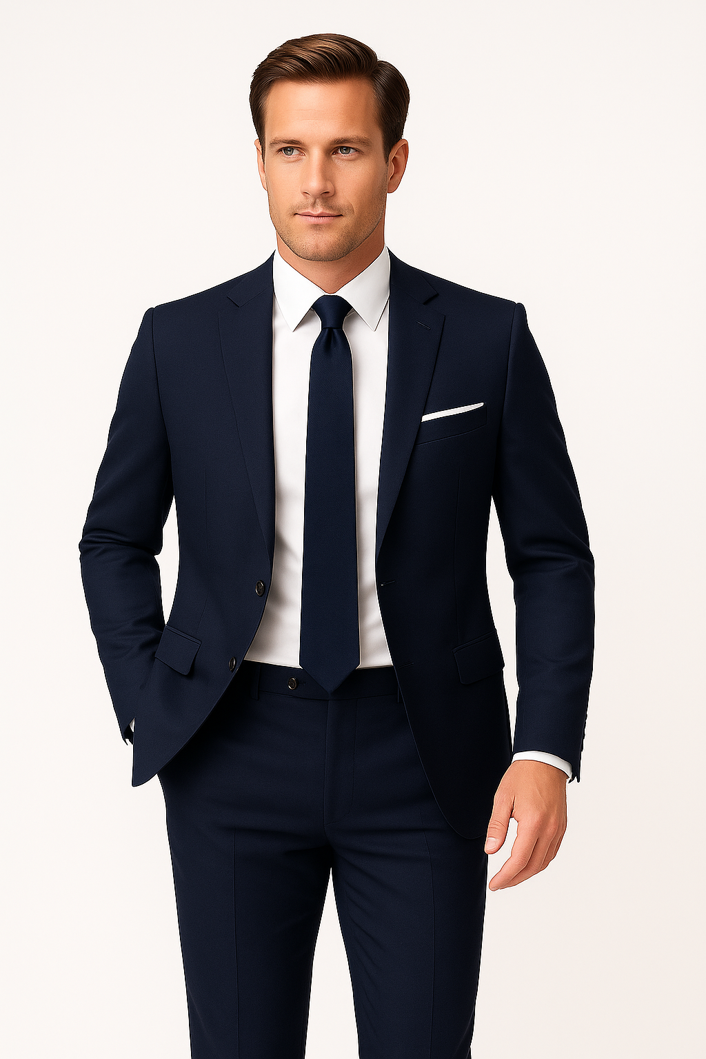 Men's navy blue slim fit suit, a two-piece tailored formal wear set including blazer and trousers.