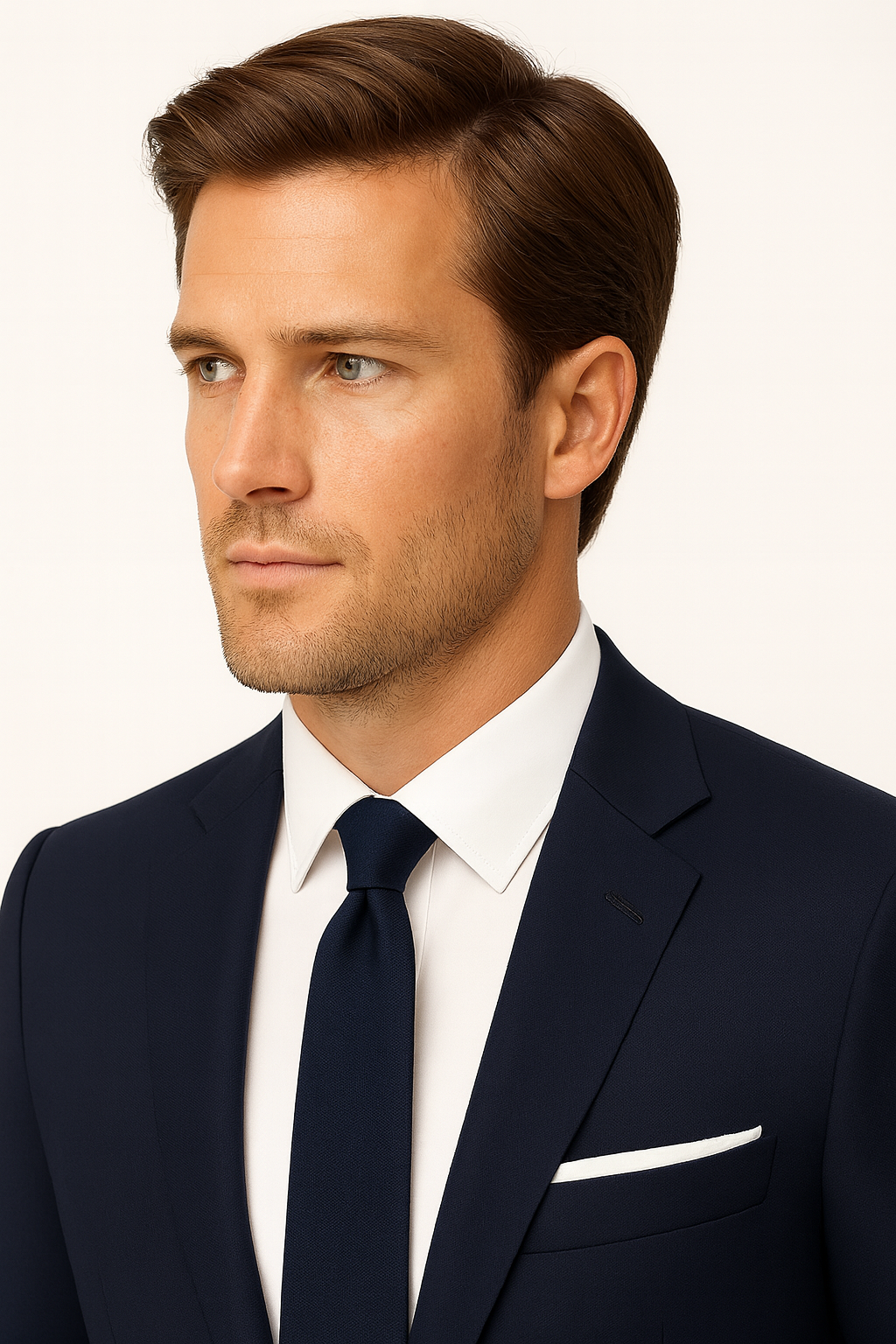 Stylish men's navy blue slim fit suit, ideal for weddings, business, or formal evening events. Tailored design.
