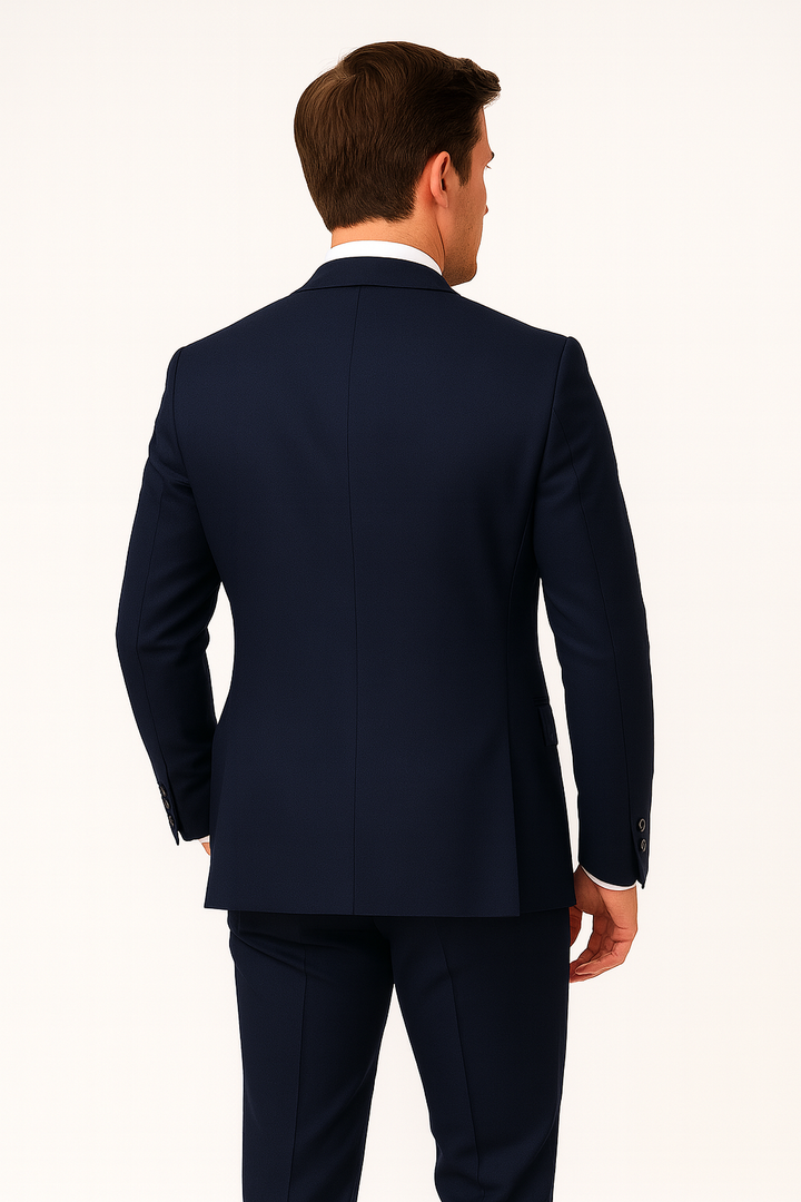 Sophisticated navy blue slim fit suit for men, a modern two-piece set for formal and special occasions.