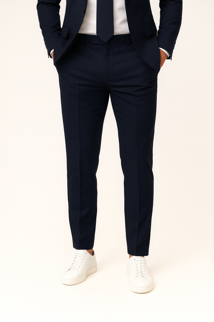Elegant men's navy blue slim fit two-piece suit, tailored for a sharp look at any formal event or wedding.