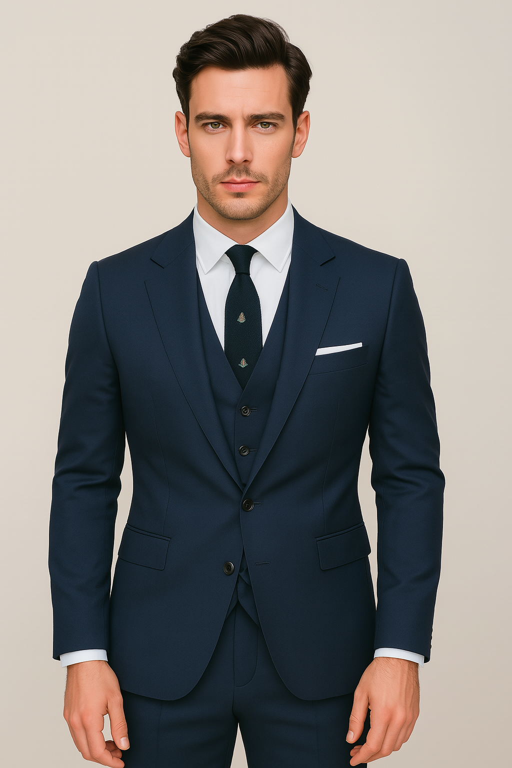 Men's navy blue three-piece suit with blazer, vest, and trousers; ideal for formal wear, weddings, business.