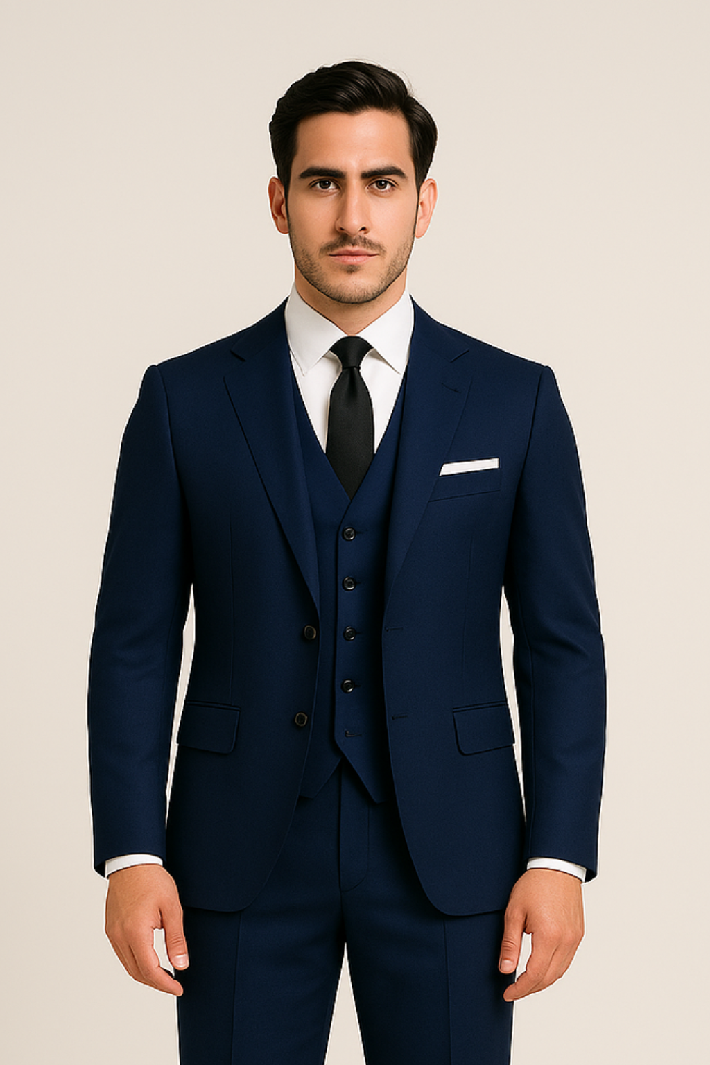Men's navy three-piece suit, tailored slim fit. Perfect for business, weddings & formal events.