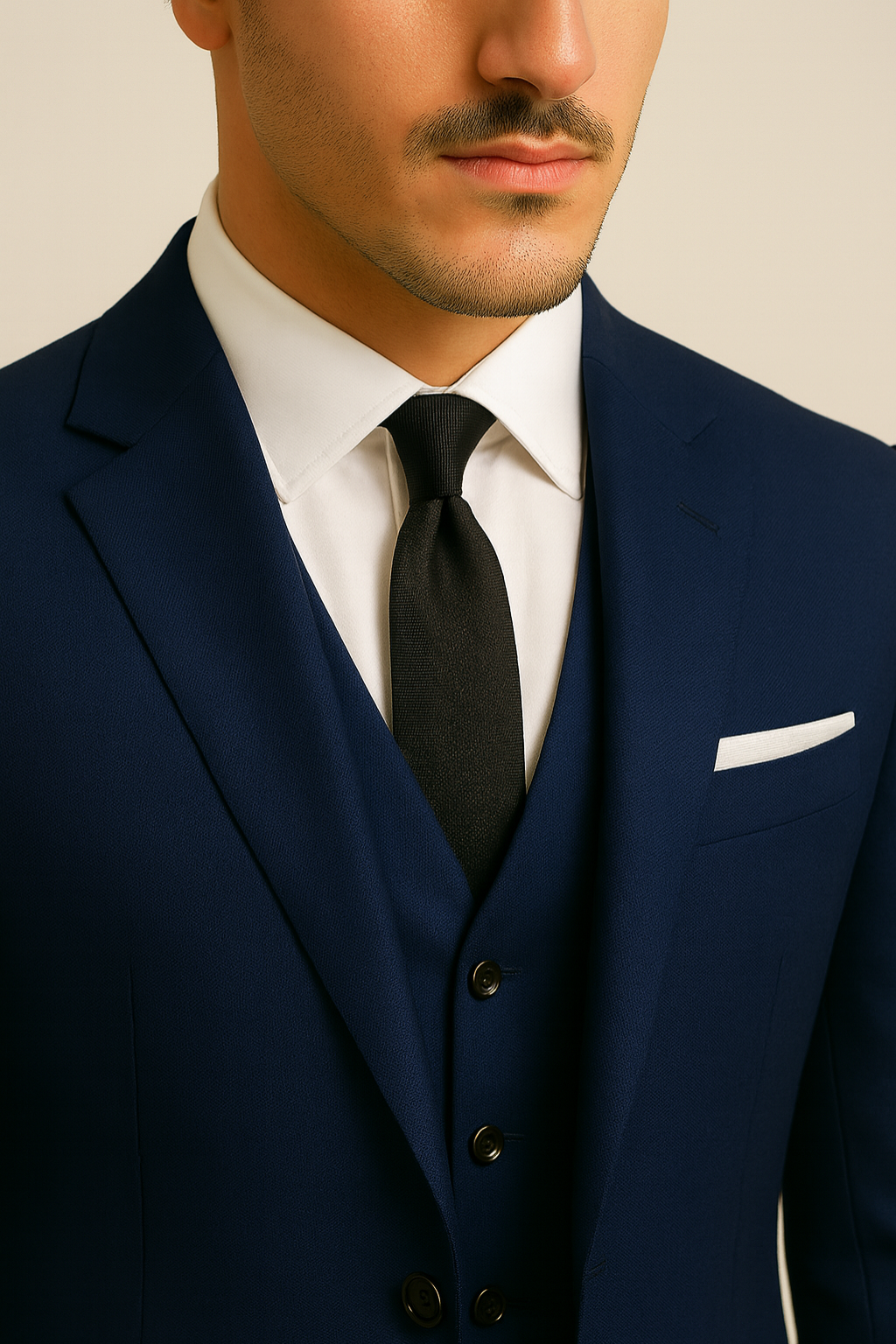 Elegant men's navy three-piece suit for weddings, formal occasions. Features classic style & sophisticated tailoring.
