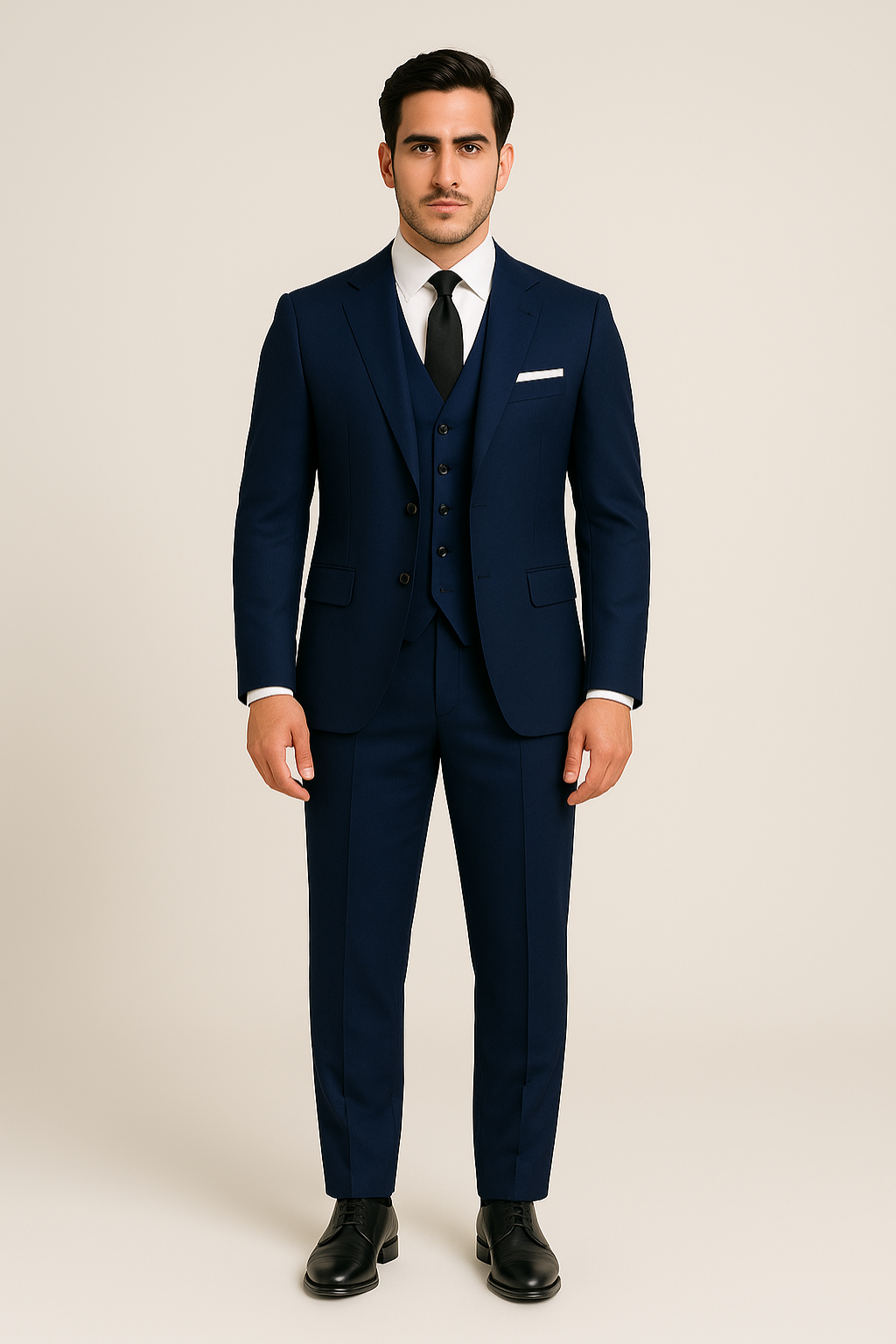 Sharp men's navy three-piece suit. Ideal for business, wedding or special occasions. Sophisticated menswear.