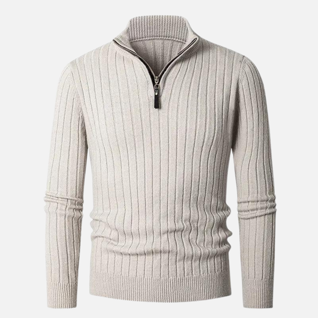 Men's neutral ribbed half-zip sweater for stylish casual wear. Versatile long sleeve knitwear.