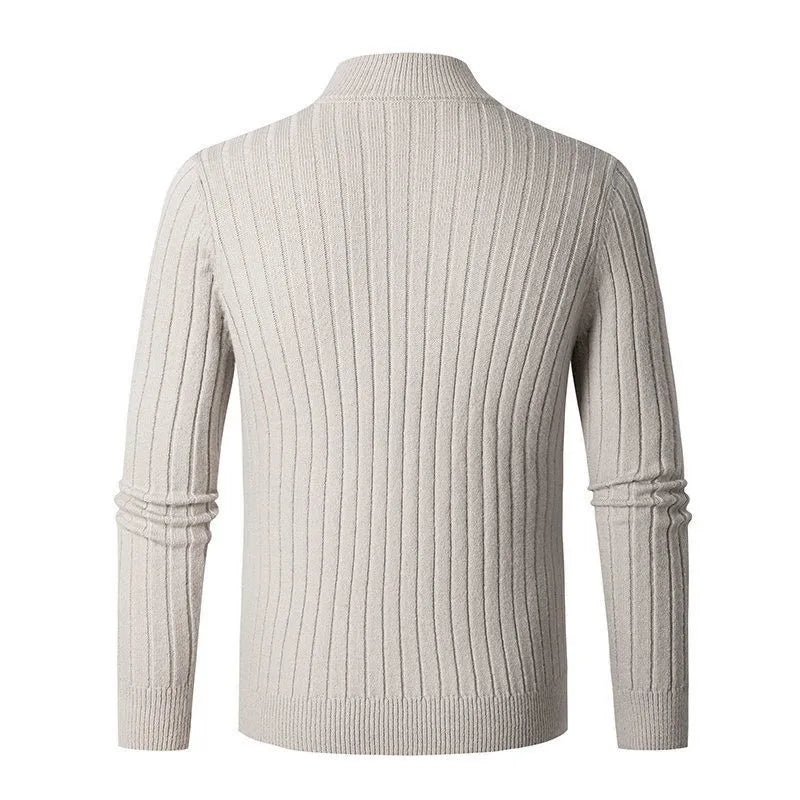 Casual men's long sleeve half-zip sweater, ribbed knit, neutral shade. Everyday comfort and style.