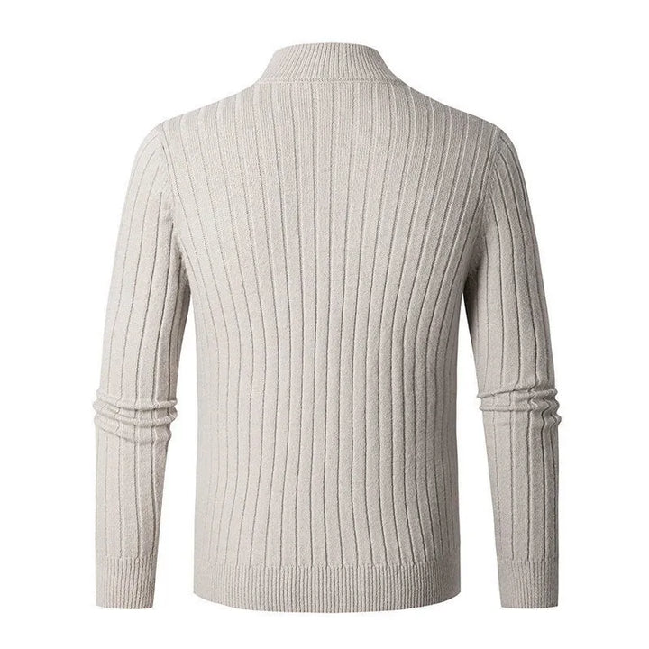 Casual men's long sleeve half-zip sweater, ribbed knit, neutral shade. Everyday comfort and style.