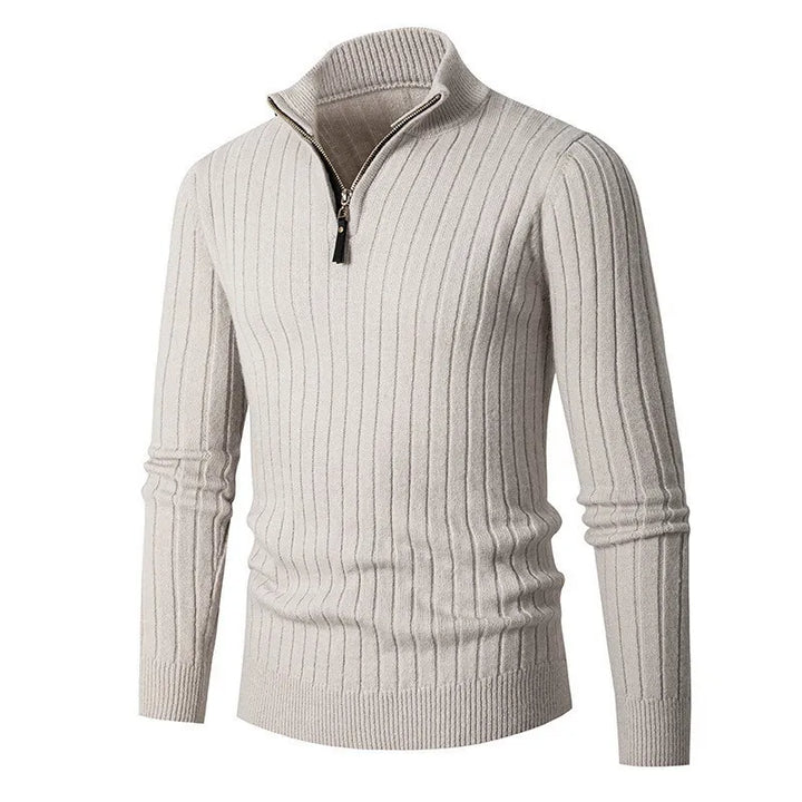 Men's neutral ribbed half-zip sweater, a versatile layering piece. Casual wear with sophisticated style.