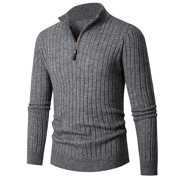 Modern men's long sleeve half-zip sweater, ribbed knit, neutral shades. Ideal for everyday elegance.