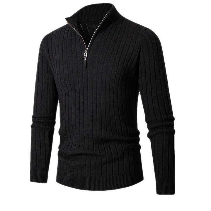 Ribbed half-zip men's sweater in a neutral tone. A comfortable & stylish layering piece for all occasions.
