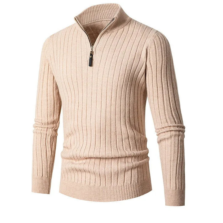 Men's sophisticated half-zip ribbed knitwear, neutral color. Casual fashion with a modern, long sleeve fit.