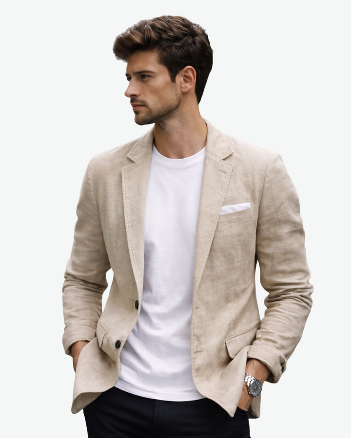 Men's notch lapel blazer jacket with stylish patch pockets. Perfect for smart casual or business casual wear.