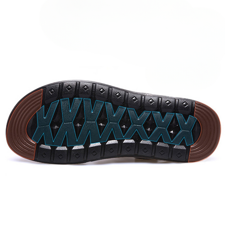 Men's orthopedic sandals in action, providing comfort & arch support for a confident walking stride.