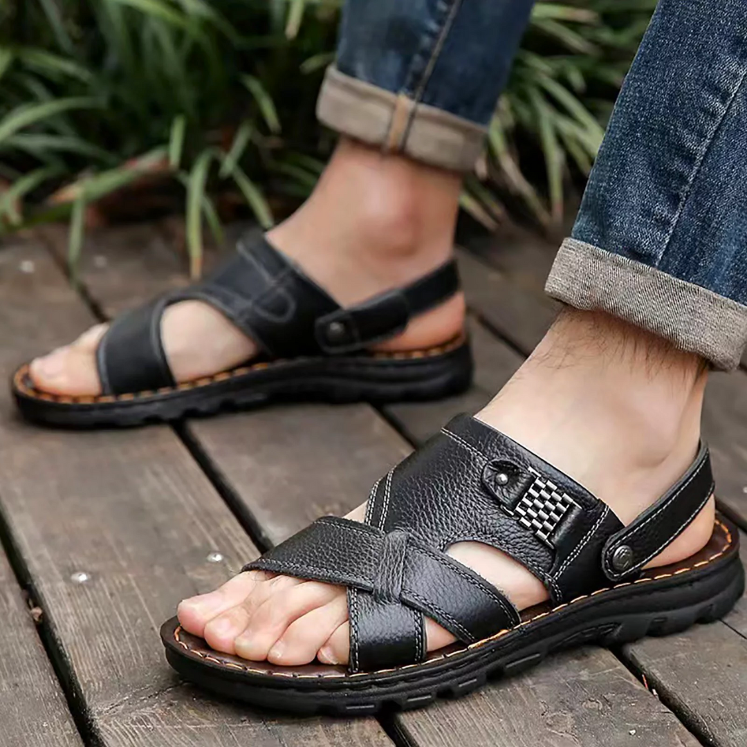 Close-up of men's orthopedic sandals, highlighting contoured arch support for superior comfort.
