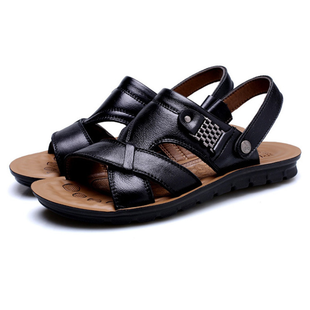 Side view of men's durable walking sandals with adjustable straps and essential arch support.