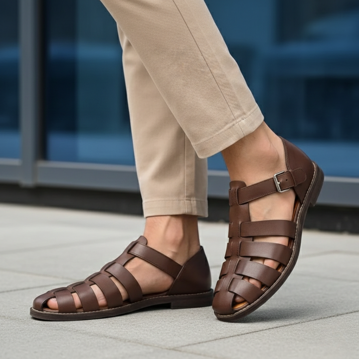 Mens orthopedic gladiator sandals with adjustable ankle strap, providing excellent foot support for summer outings.