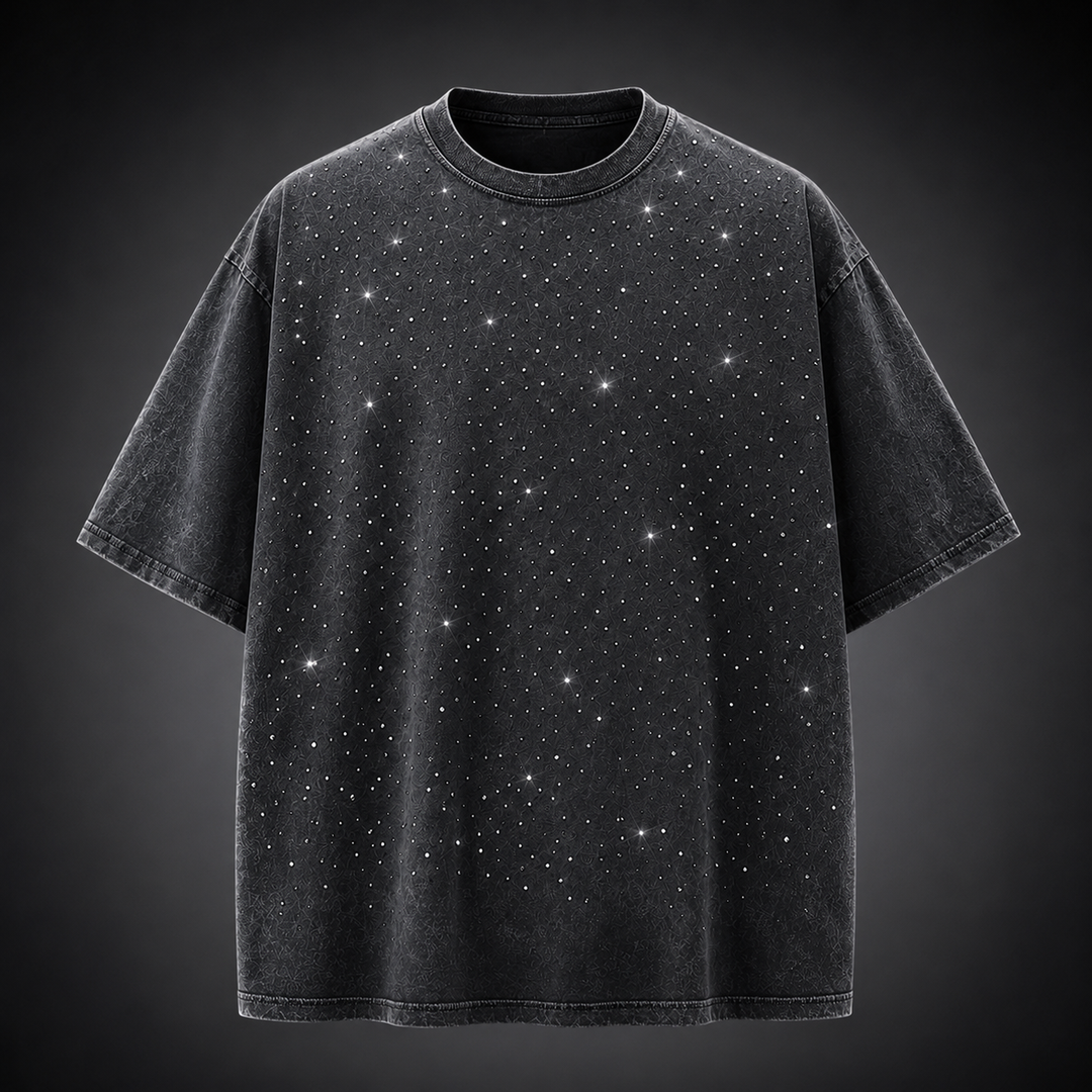 Men's oversized black rhinestone t-shirt with a washed finish, perfect for casual streetwear.