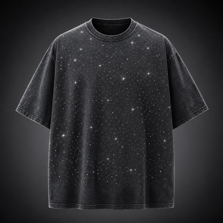 Men's oversized black rhinestone t-shirt with a washed finish, perfect for casual streetwear.