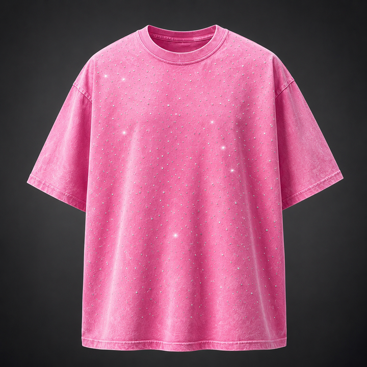 Back view of a men's oversized rhinestone t-shirt, highlighting its relaxed fit and soft material.