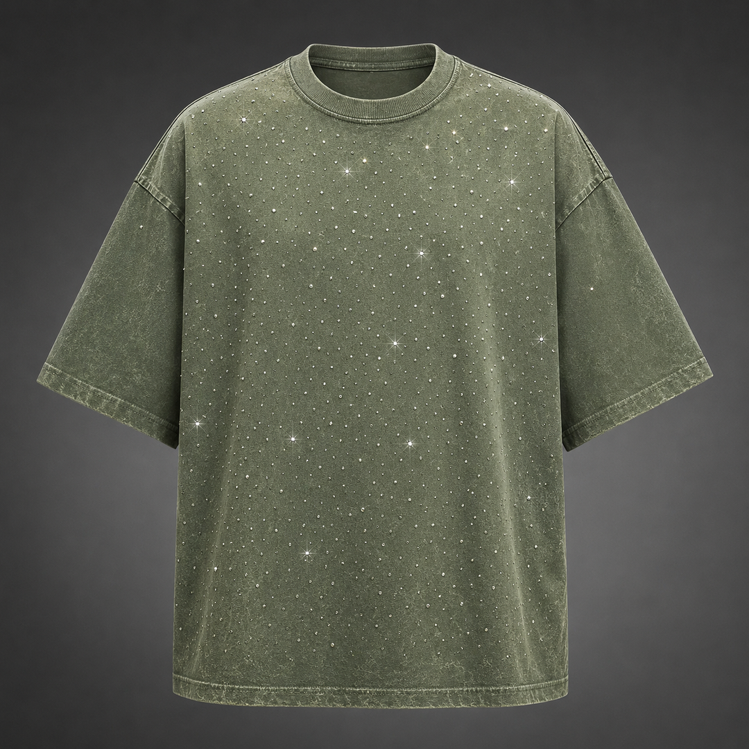 Washed finish men's oversized t-shirt, short sleeve, crewneck, and shimmering rhinestone details.