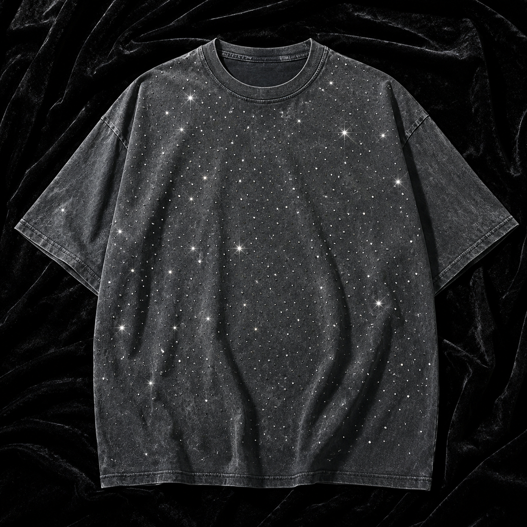 Front view of a men's washed oversized t-shirt, showcasing the crewneck and rhinestone embellishments.