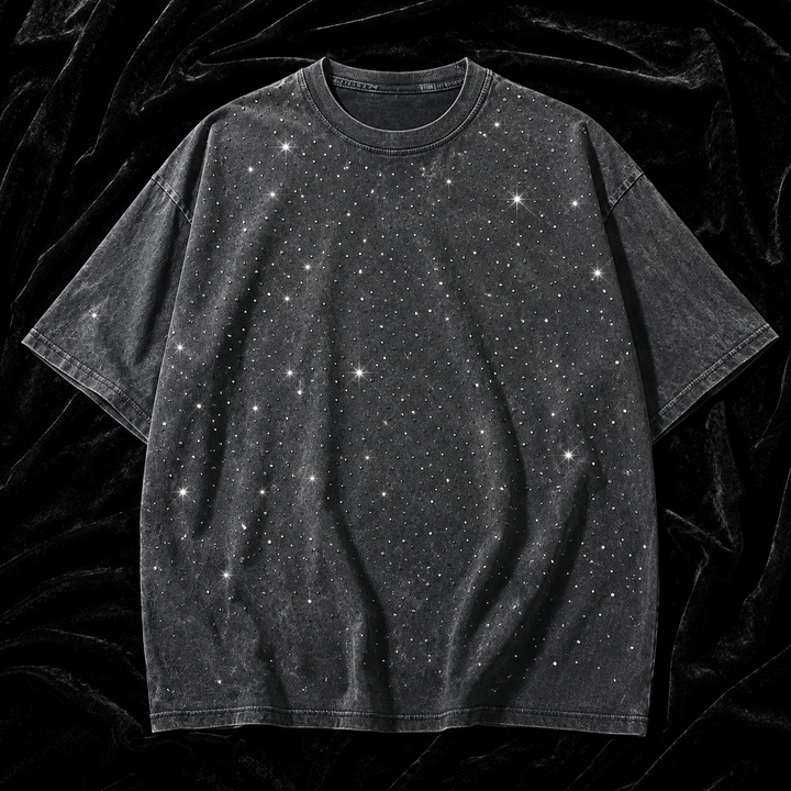 Front view of a men's washed oversized t-shirt, showcasing the crewneck and rhinestone embellishments.