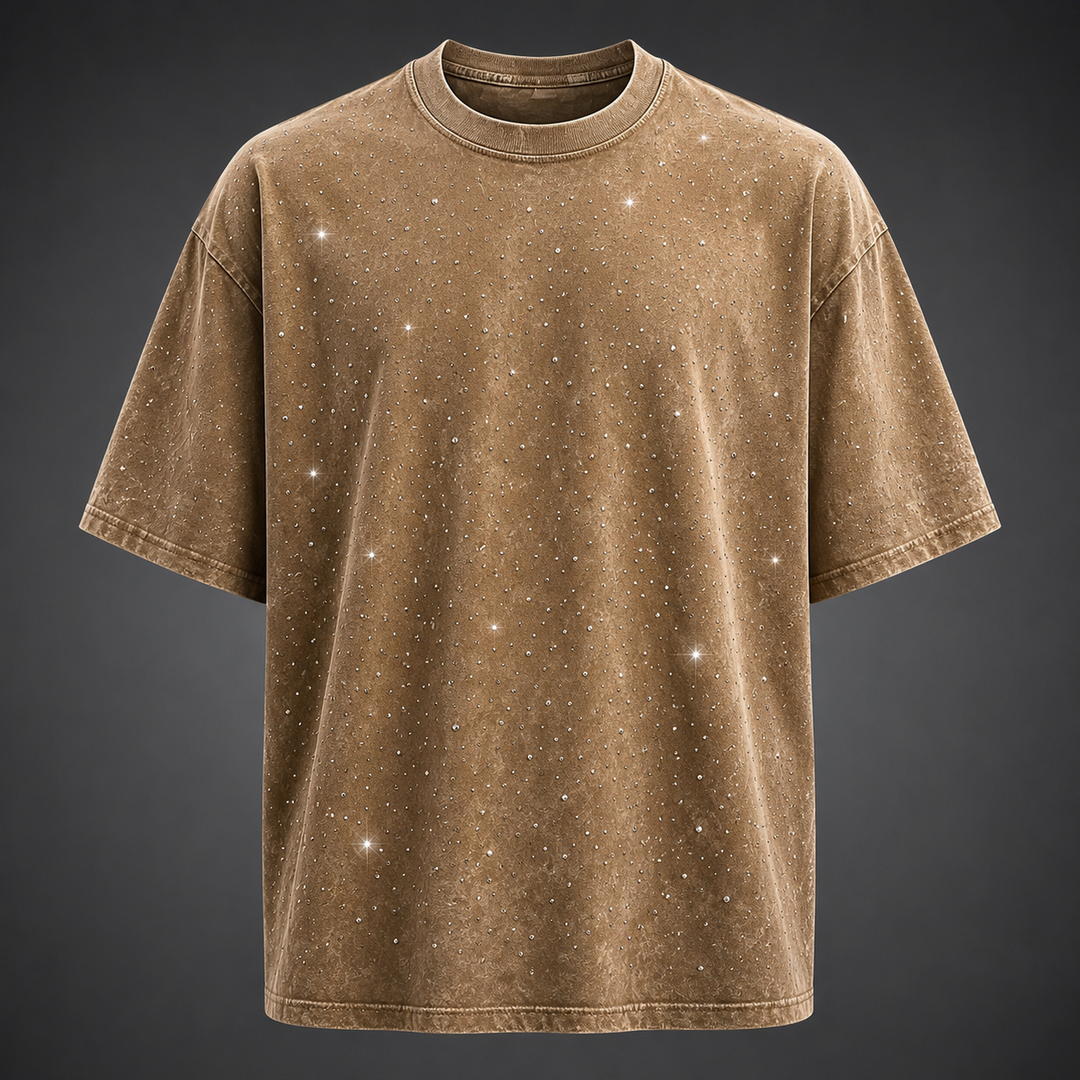 Comfortable men's oversized short sleeve t-shirt with a cool rhinestone pattern for effortless style.
