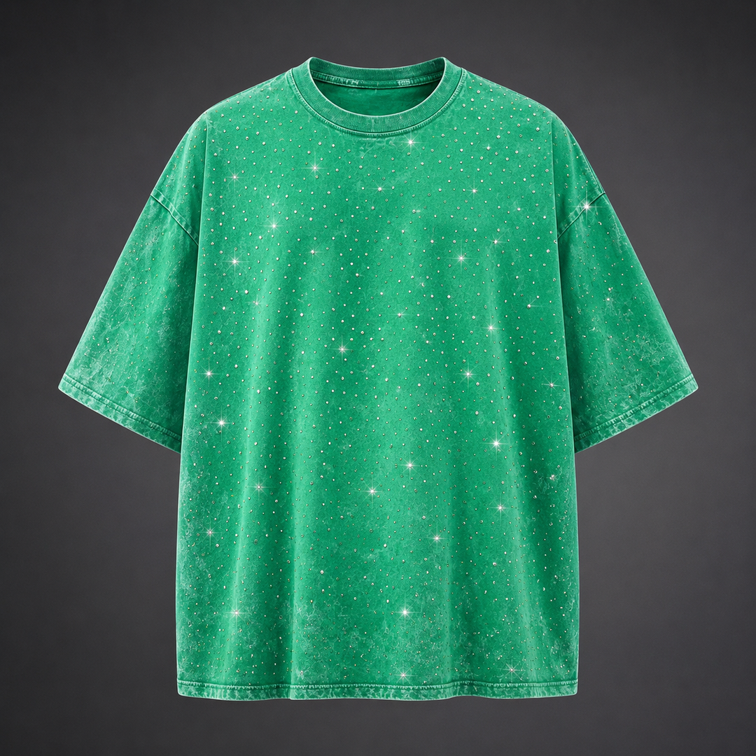 Streetwear men's t-shirt: an oversized fit, washed texture, and standout rhinestone details.