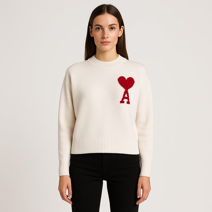 Men's oversized crew neck sweater with cozy heart motif, perfect for fall fashion.