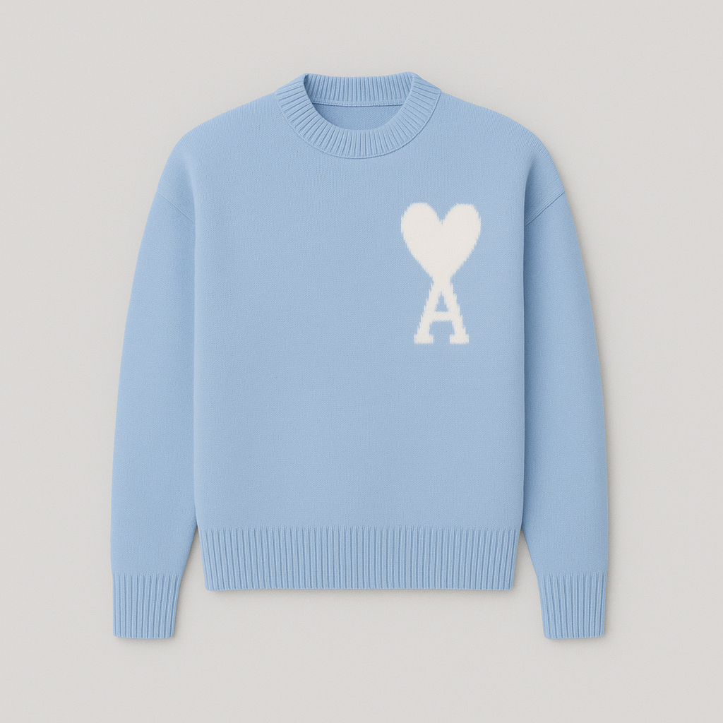 Fashionable men's oversized crew neck sweater with a unique cozy heart motif for winter.
