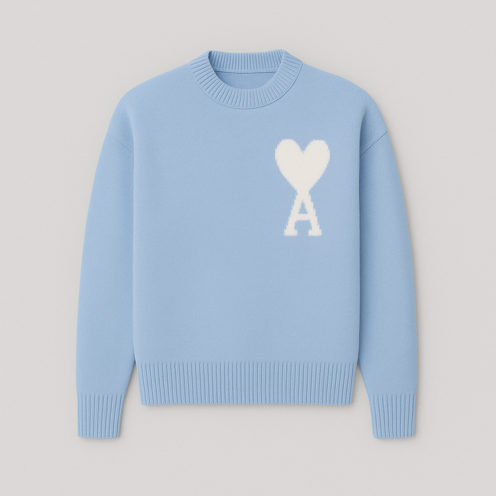 Fashionable men's oversized crew neck sweater with a unique cozy heart motif for winter.