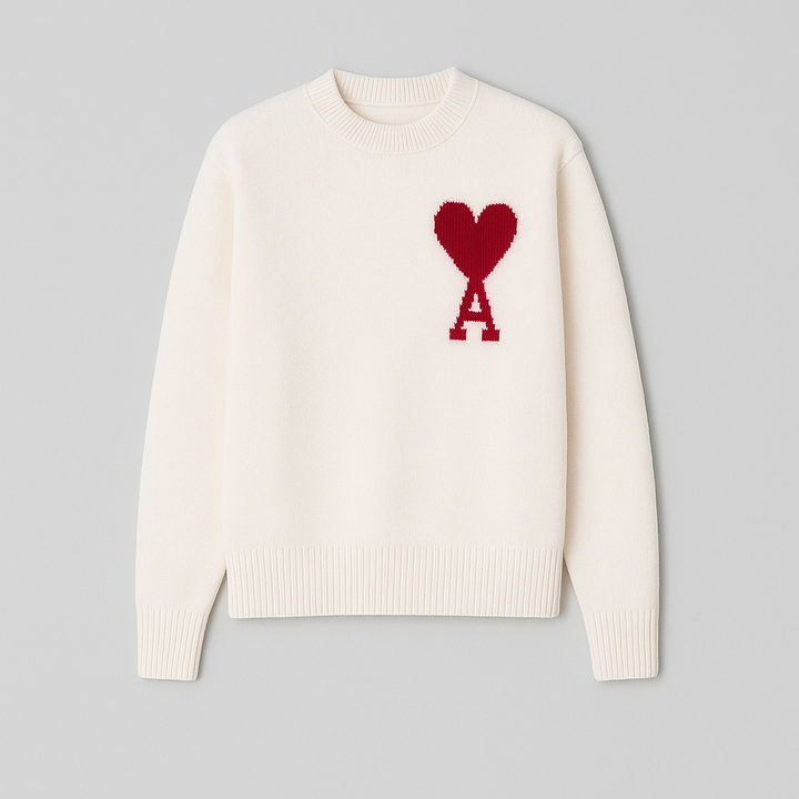 Unique heart motif oversized crew neck sweater for men, ideal for fall & winter fashion.