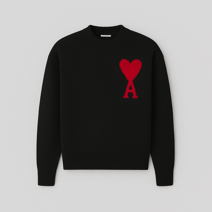 Fall fashion men's oversized crew neck sweater with a distinctive cozy heart motif.