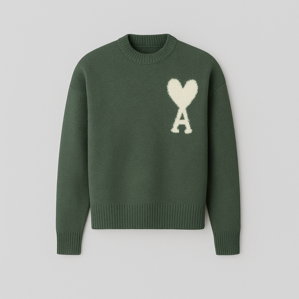 Cozy & stylish men's oversized crew neck sweater, with a playful heart motif design.