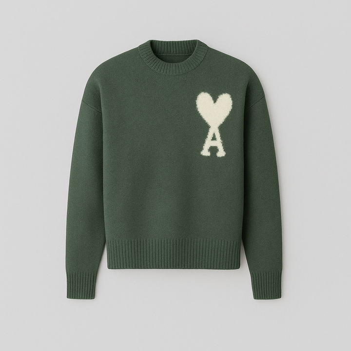 Cozy & stylish men's oversized crew neck sweater, with a playful heart motif design.