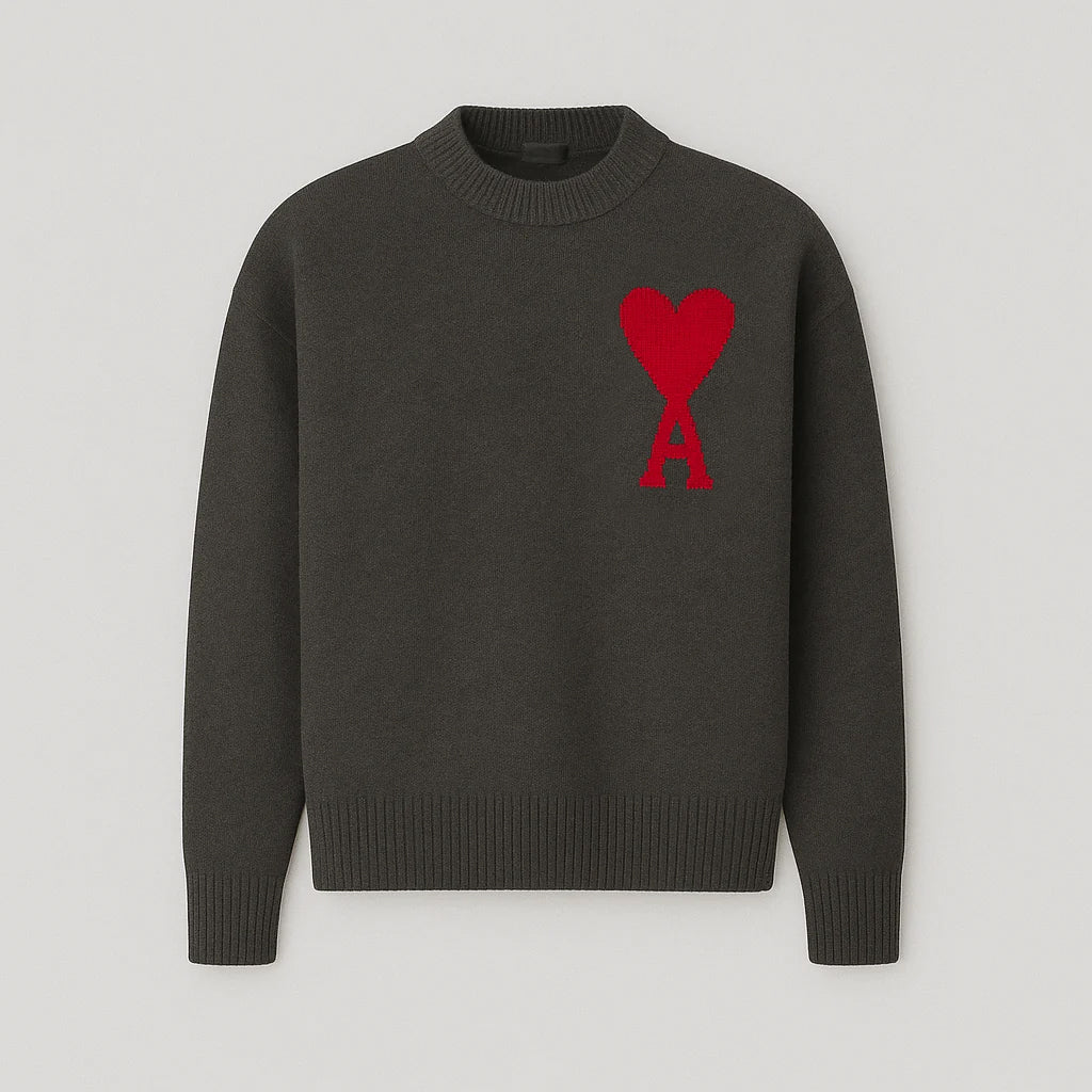 Men's cozy oversized crew neck sweater featuring a charming heart motif, great for casual wear.