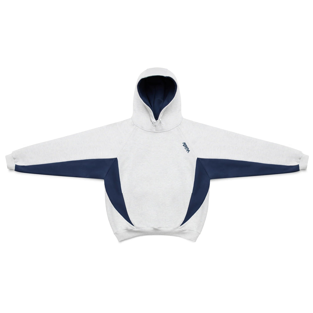Close-up: Men's oversized pullover hoodie, athletic contrast panels, comfortable fabric. Essential hooded sweatshirt.