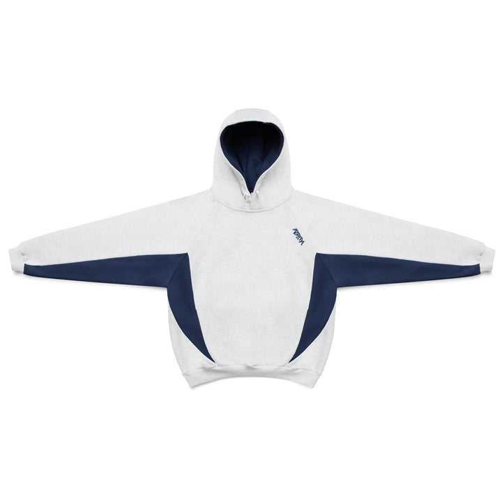 Close-up: Men's oversized pullover hoodie, athletic contrast panels, comfortable fabric. Essential hooded sweatshirt.