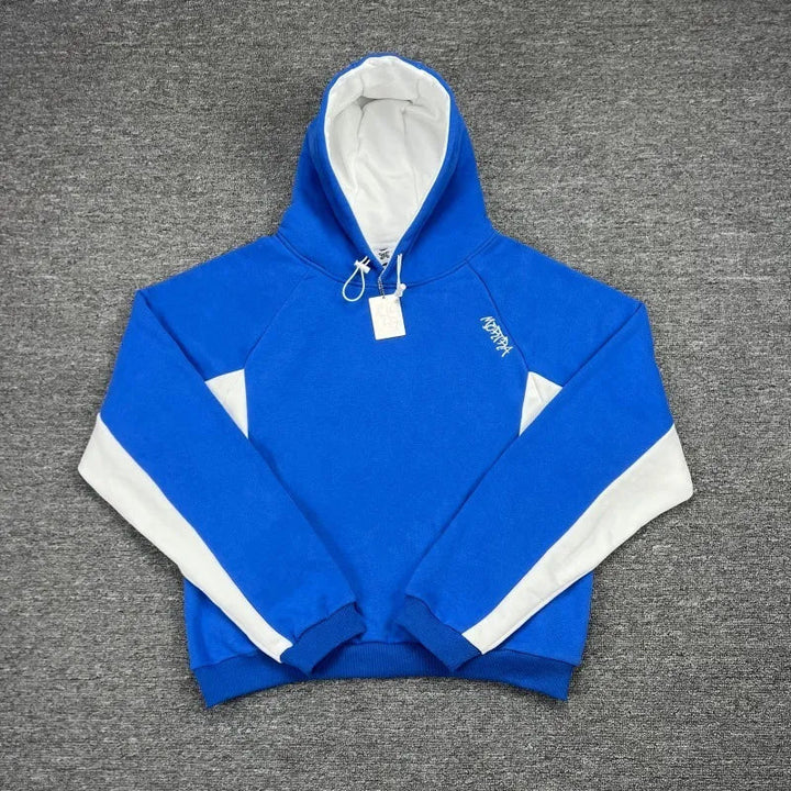 Back view of men's oversized pullover hoodie, showcasing athletic contrast panels & comfortable design. Men's fashion.
