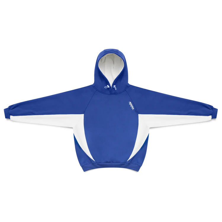 Side profile: Men's oversized pullover hoodie, sporty contrast panels, relaxed fit. Modern men's streetwear.