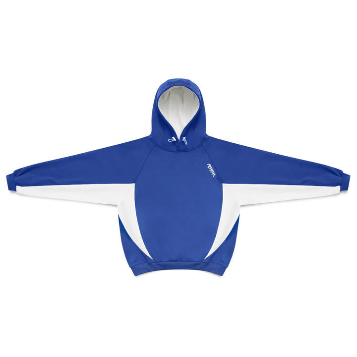 Side profile: Men's oversized pullover hoodie, sporty contrast panels, relaxed fit. Modern men's streetwear.