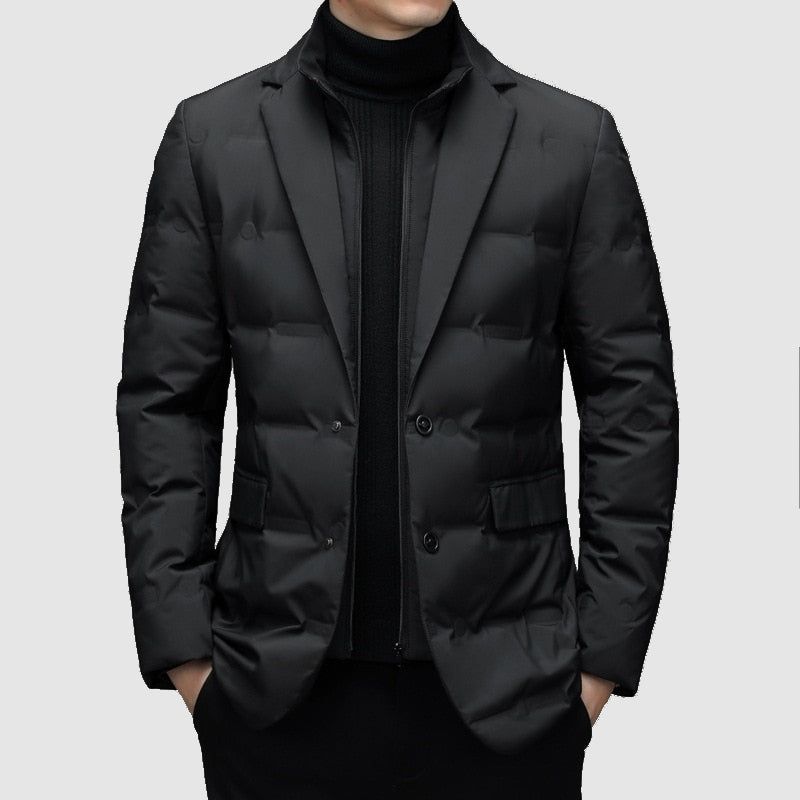 Men's padded jacket with classic notch lapel, offering stylish warmth and a refined, tailored fit for smart casual wear.