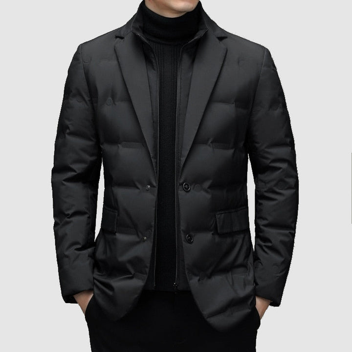 Men's padded jacket with classic notch lapel, offering stylish warmth and a refined, tailored fit for smart casual wear.