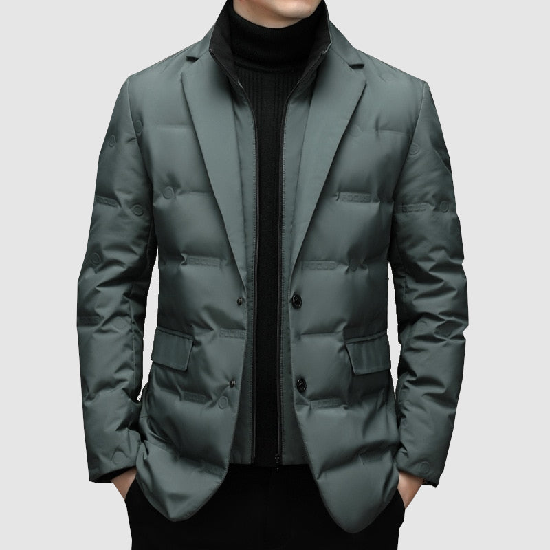 Elegant men's winter jacket, padded for superior warmth, featuring a sophisticated notch lapel for cold weather style.