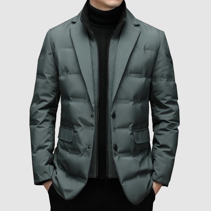 Elegant men's winter jacket, padded for superior warmth, featuring a sophisticated notch lapel for cold weather style.