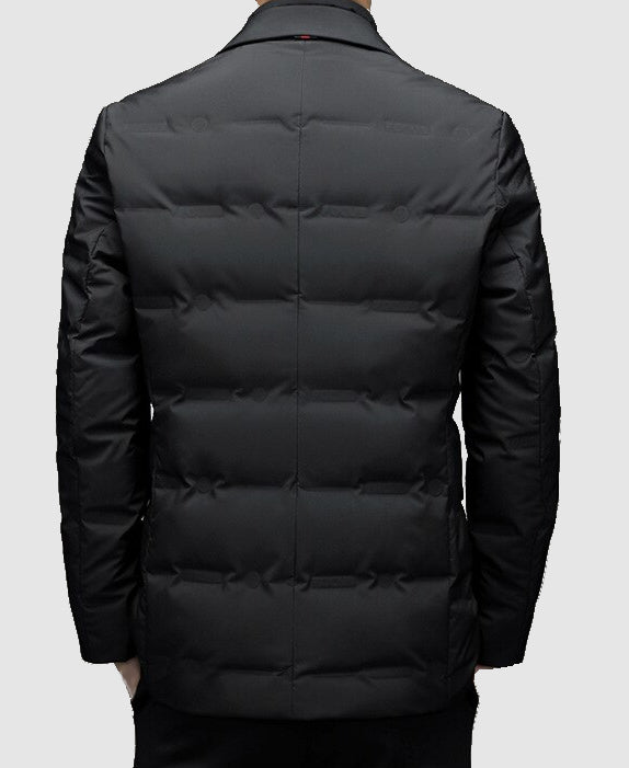 Close-up of a men's padded notch lapel jacket, highlighting the tailored fit and quality fabric for comfortable, stylish outerwear.